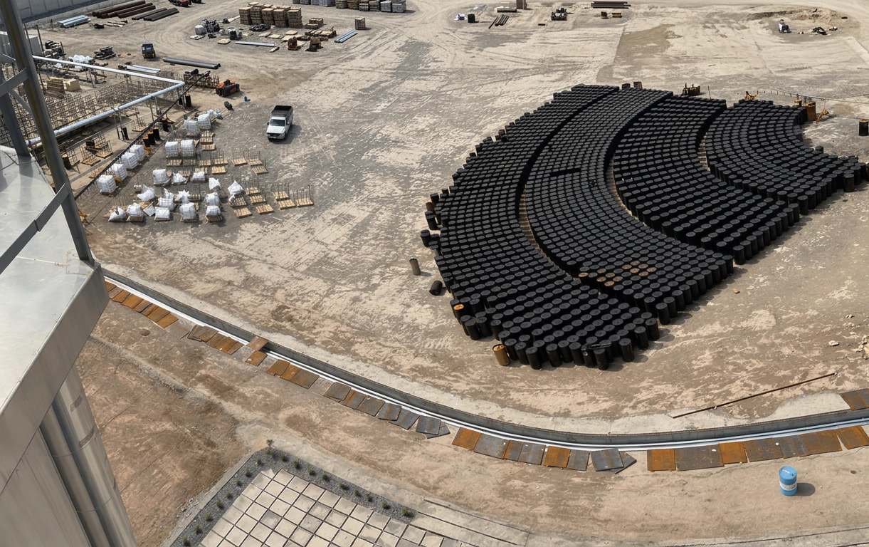 Bitumen drums at an industrial supply yard